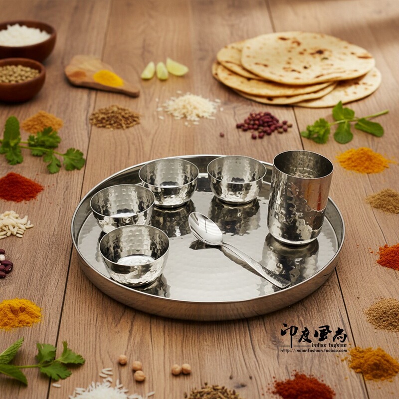 Indian Style Stainless Steel Round and Oval Serving Tray Set, Indian Restaurant Style Kitchenware, Curry Bowl Indian Style Stainless Steel Round and Oval Serving Tray Set, Indian Restaurant Style Kitchenware, Curry Bowl