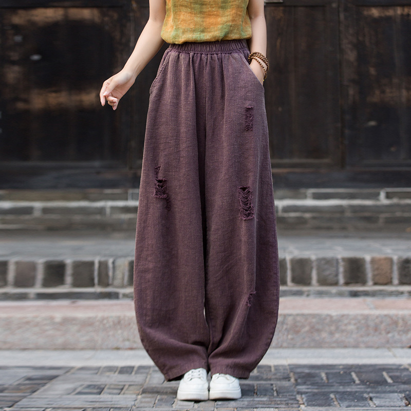 26 Spring Cotton and Linen Women's New Ripped Distressed Long Pants, Ramie Sand Washed Unique Niche Bohemian Style Women's Lantern Pants
