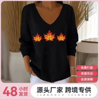 2025外贸跨境独立站新款落肩V领长袖秋叶3D数码印花女式上衣T恤