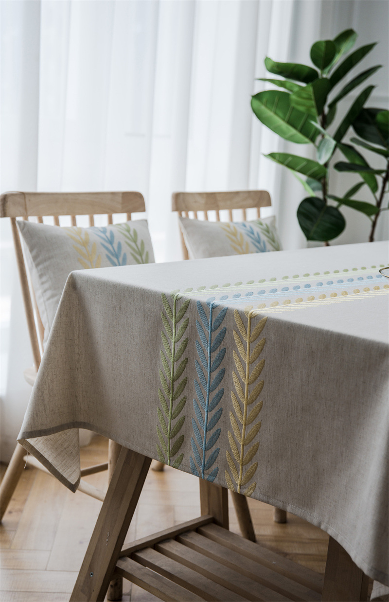 Polyester Linen Waterproof Modern Leaf Flower Runner Embroidered Geometric Tablecl Rectangular Coffee Dining Table_voghion.com
