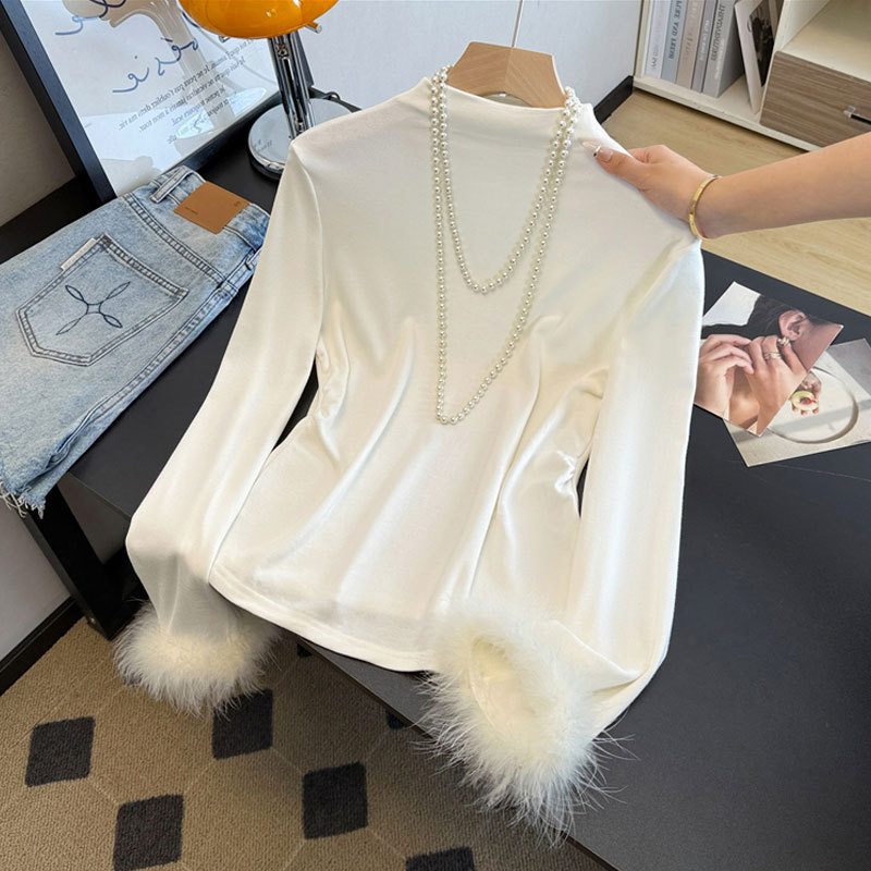 Autumn and Winter New Chinese Style Base Shirt with Vest, High-Neck Long-Sleeve Women's Ostrich Feather Top