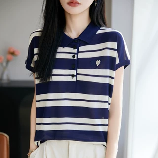 2026新款莱塞尔天丝针织衫女薄款亲肤凉感撞色POLO领刺绣T恤夏