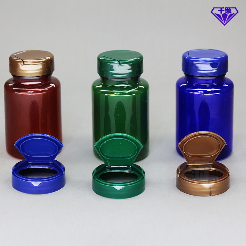 Botella de plástico PET semitapa abatible QL para suplementos vitamínicos y medicamentos, bloqueadora de luz, para cápsulas y tabletas.