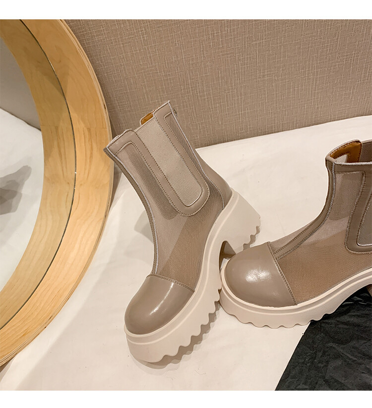 Boot ngắn nữ da bò mũi tròn đế dày thoáng khí khóa kéo sau — Màu đen, Màu mơ chi tiết 71
