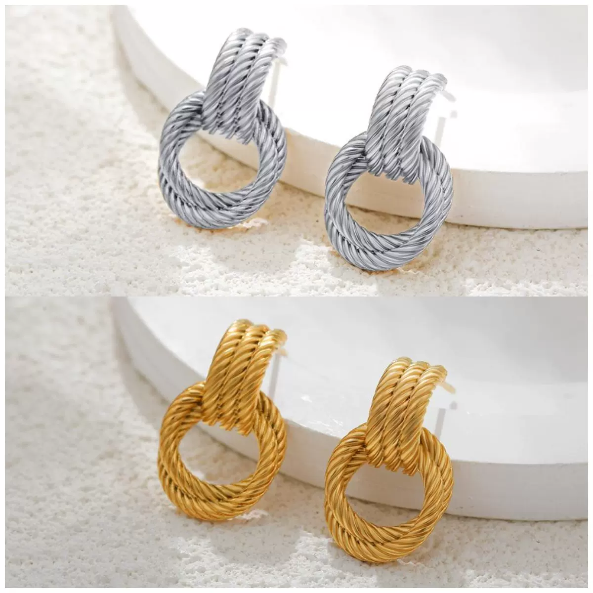 欧美跨境18K电镀麻花耳环时尚几何耳饰批发女士圆圈麻花扭曲耳环