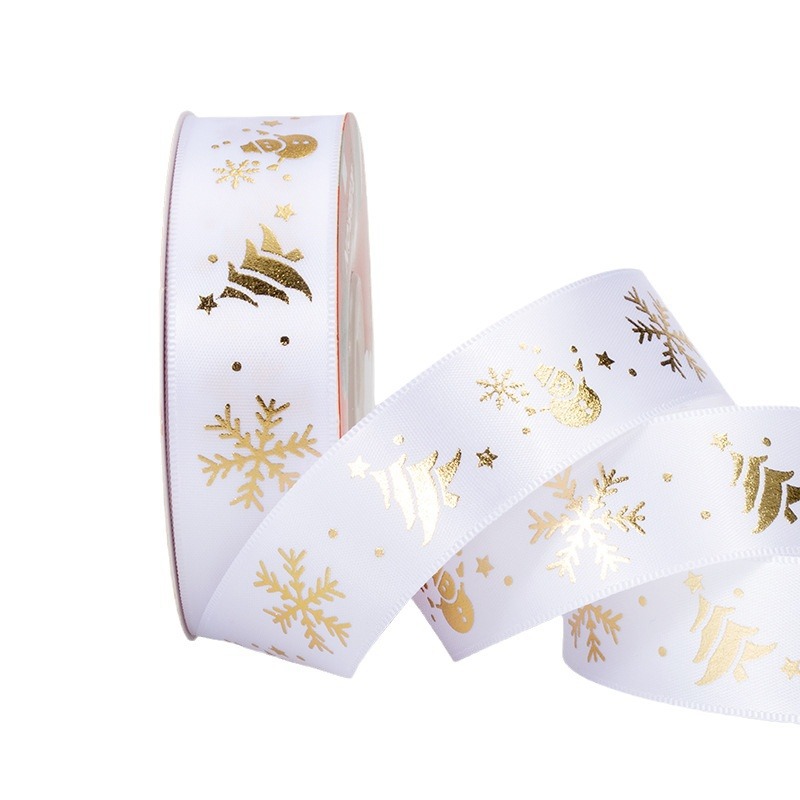 공장 도매 크리스마스 리본 스팟 골드 스탬핑 폴리에스터 리본 휴일 장식 리본 선물 상자 포장 테이프