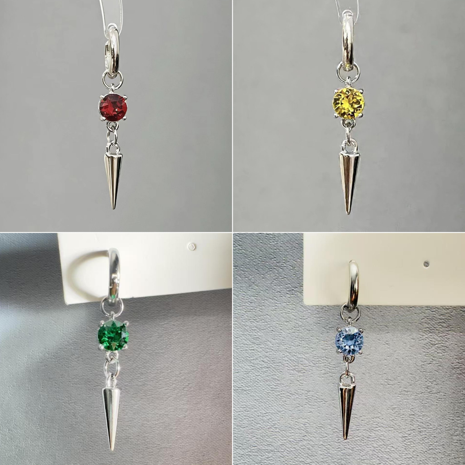Colorful Zircon Pointed Copper Ear Clips, Niche Sweet-Cool Style Earrings, Available in Multiple Colors, Personalized Long Pendant Earrings