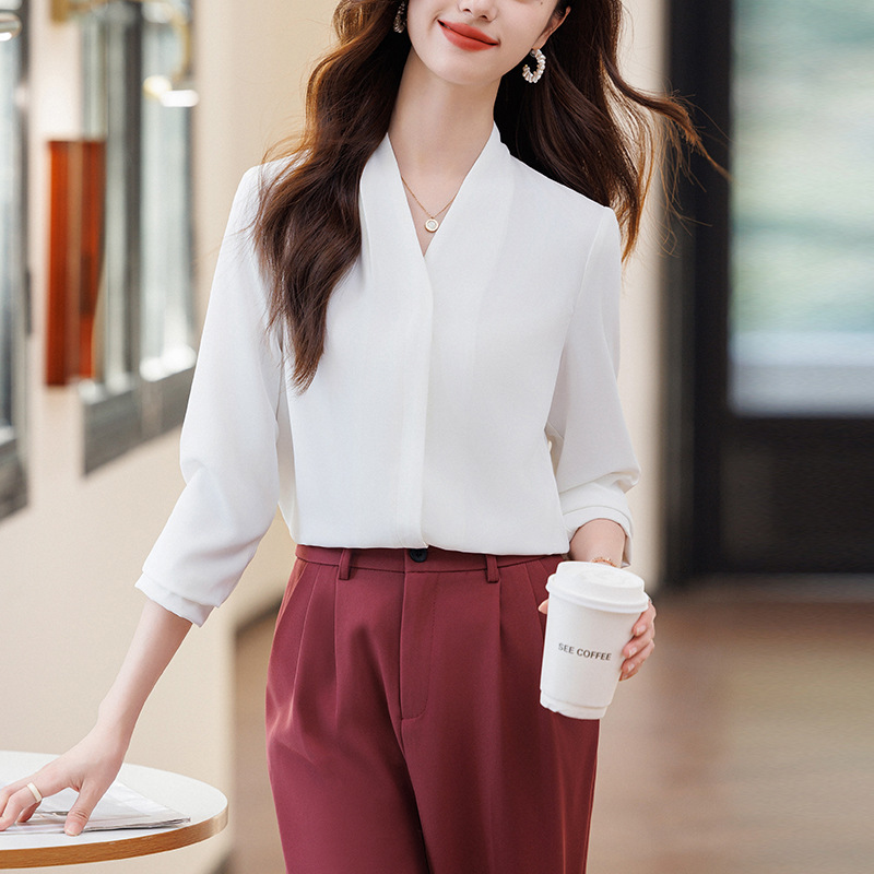2025 New Korean Style Long-sleeved Shirt Women's White V-neck Shirt Professional Slim-fit Work Clothes plus size Formal Clothes