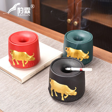 德化县创意个性黑陶描金烟灰缸笔洗缸水盂小号泡茶渣缸办公室茶具