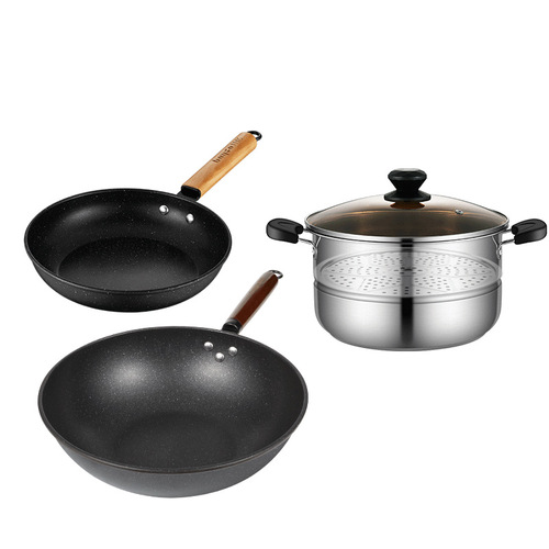 VHM7 wholesale pot set full set household non-stick pot induction cooker wok three-piece set soup frying pan combination housewarming