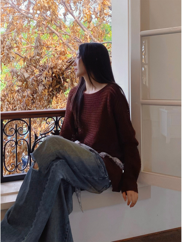 2025秋季新款慵懒风宽松天丝亚麻女式针织衫圆领镂空毛衫女W1098|undefined