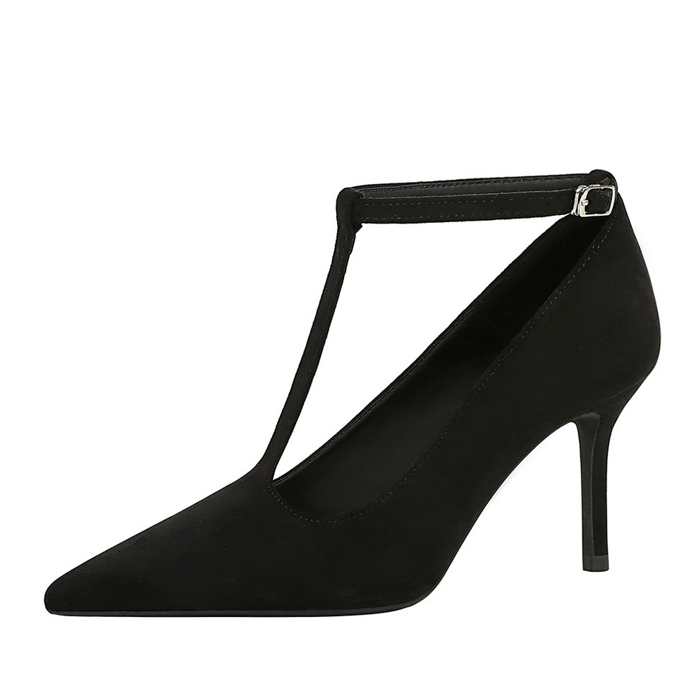 3639-A French style slim heel high-heeled shoes with pointed, shallow mouth suede, straight buckle strap, super high heels, slimming single shoes