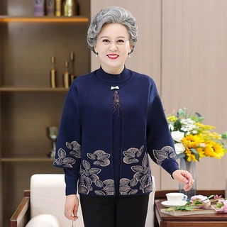 【100%纯羊毛】秋冬上衣妈妈厚款外套两件套装中老年开衫奶奶毛衣