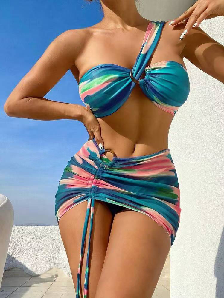 140g Weight Sleeveless Sleeve Length Polyester Fabric Type 3 Pieces Set Quantity Swimming Occasion One Shoulder Neckline Skinny Fit Type Colorful Pattern Women's Gender Sexy Style Women's Sexy Colorful 3 Pieces Set Bikinis Swimwear 3