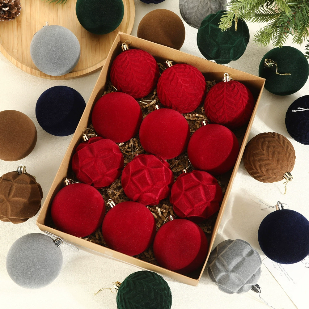 Chenlin new velvet ball flocked Christmas tree pendant burgundy dark green Christmas decoration 8cm/12PCS Christmas ball