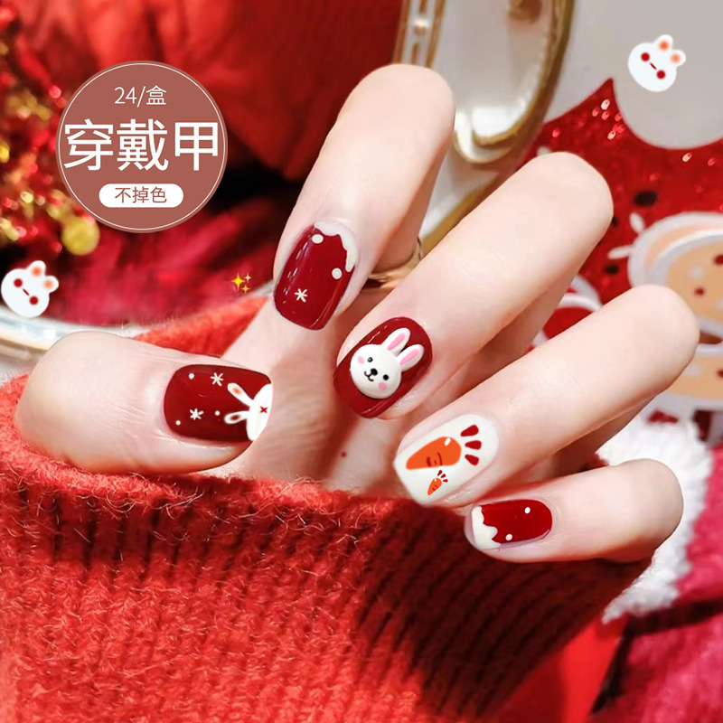 D188 Wearing Manicure Pieces Wholesale Cute Funny Rabbit Cartoon Hand Wearing Manicure Patch White Nails