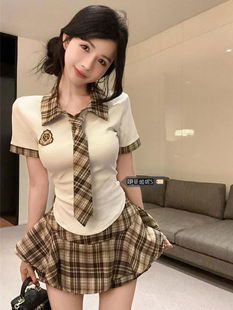 Korean Style Chic Fake Two-Piece Top Suit for Women Summer High-Waist Slim Plaid Skirt Design Polo Collar T-Shirt