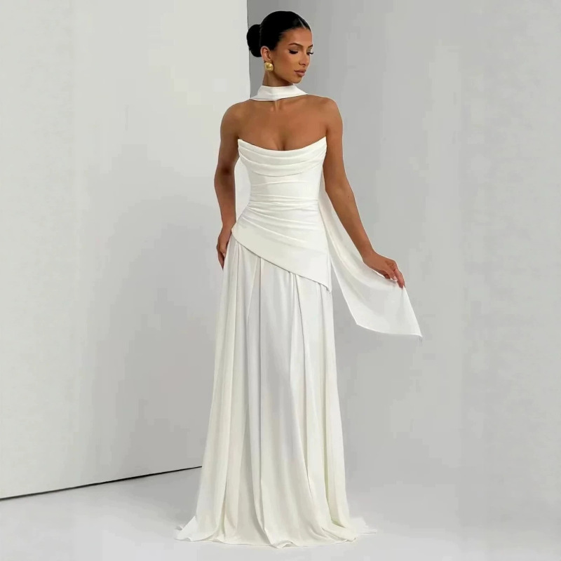 French-Style Back Cross-Tie Strapless Tube Dress for Women, Slim Fit, Waist-Cinching, Patchwork, Ruched, Irregular Long Dress