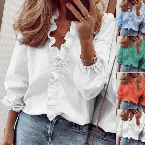 2025 Amazon Wish Independent Station eBay Spring and Summer European and American Long-sleeved Solid Color Ruffled Shirt Women's Blouse 