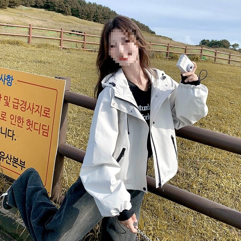 Women's Short Jacket Autumn New Korean Version Loose Petite Color-Block Hooded Jacket Top