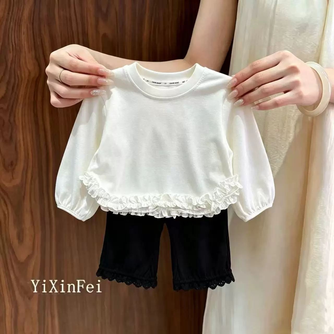 Mori Girls' Base Layer Top, Spring and Autumn Style, New Children's Autumn Clothing, Lace Trim Top, Baby Girl's Base Layer Top