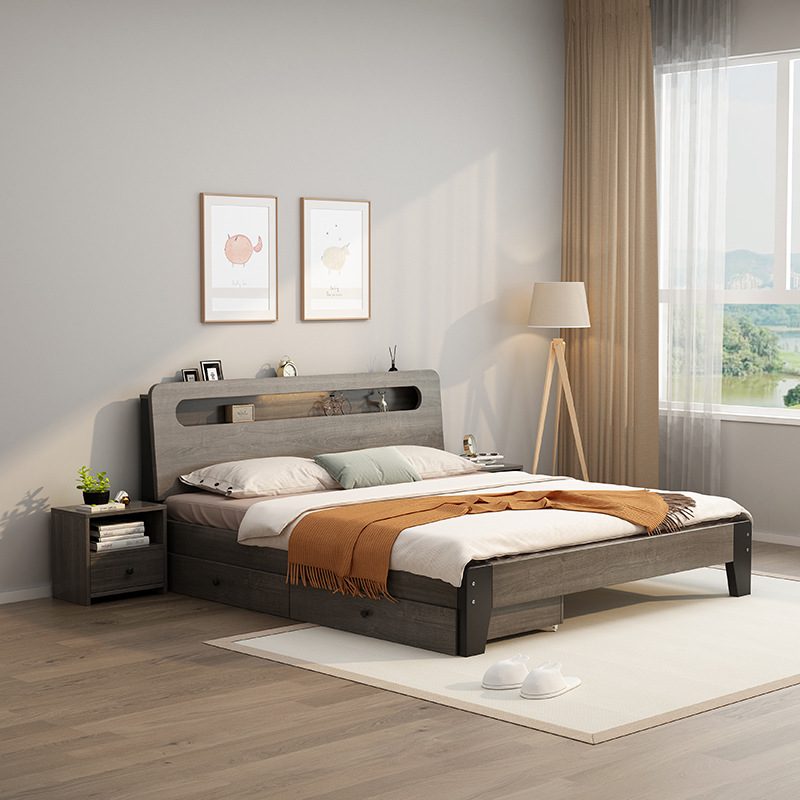 Nordic Solid Wood Bed 1.8m Master Bedroom Large Bed Double Bed Hotel Bed and Breakfast Bed Panel Bed Multifunctional