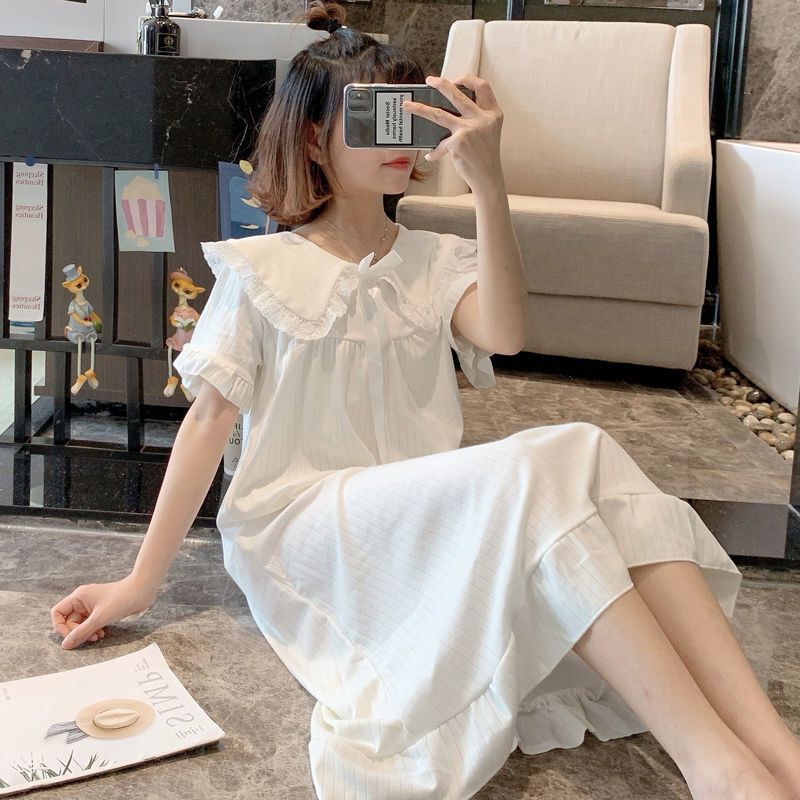 可爱日系甜美ins风长款睡裙女夏季短袖睡衣连衣裙家居服过膝长裙|undefined
