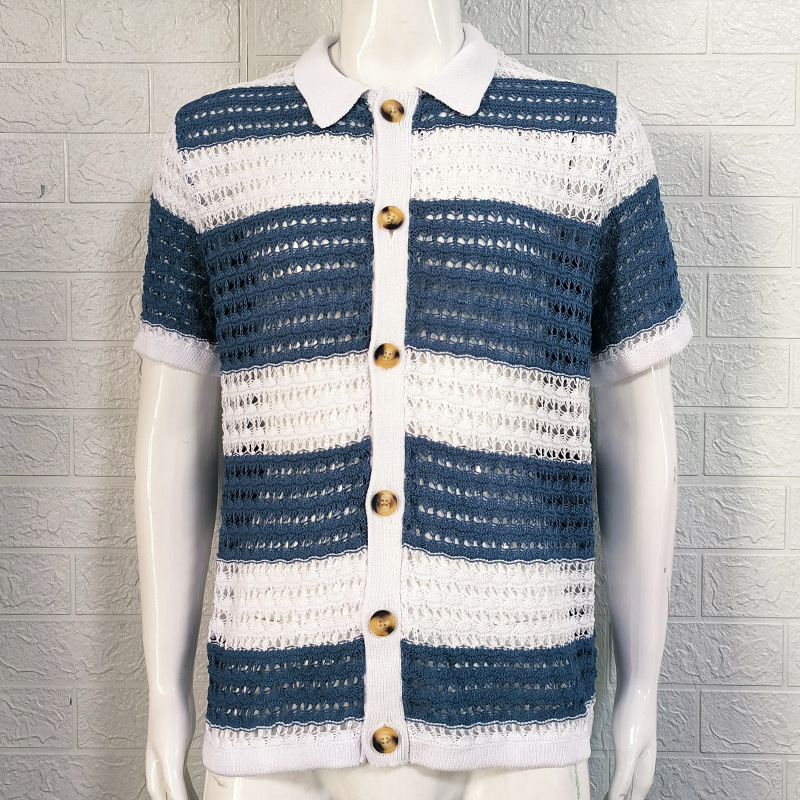 Men's Knit Shirt With Turn-down Collar And Color Block Design_voghion.com