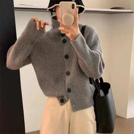 定制款 秋冬季新品韩版高领毛衣女单排扣休闲简约风 纯色针织开衫