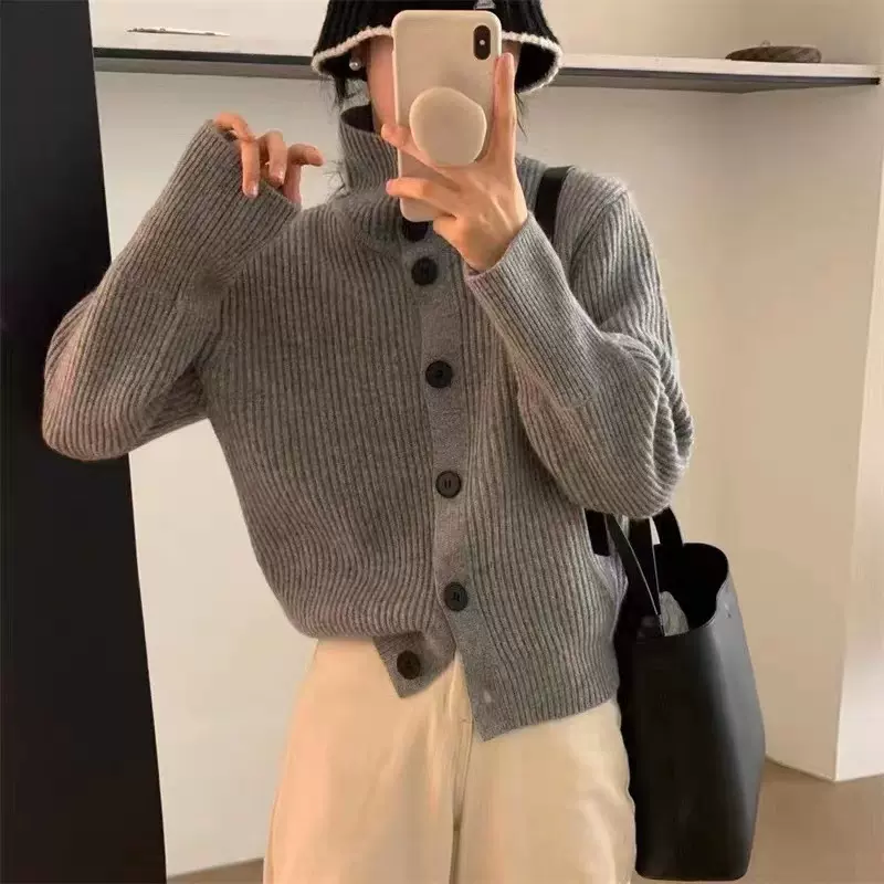 定制款 秋冬季新品韩版高领毛衣女单排扣休闲简约风 纯色针织开衫