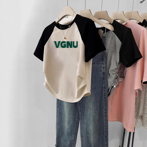 Unstructured Shoulder-Sleeve Short-Sleeve T-shirt for Women 2025 Early Spring Square Shoulder Summer Short Length Waist-Cutting Design Frock