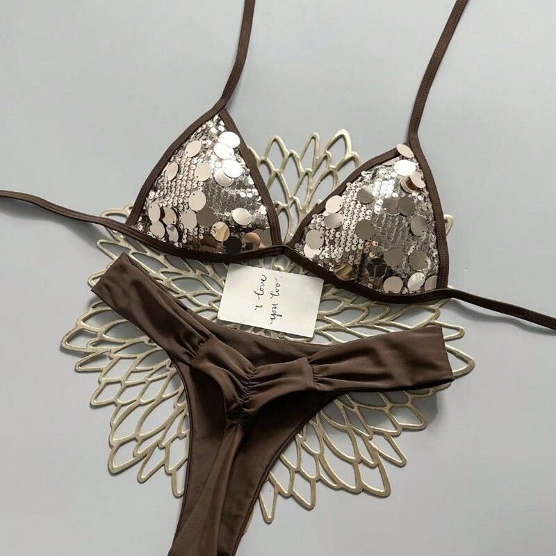 Retro Coffee-Colored Sequin Triangle Bikini Two-Piece Set, Halter Neck Tie-Up, Sexy for Party, Music Festival, Beach