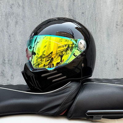 Helmet for Heavy Motorcycles, Ghost Skull Motosiklet kaskı (dəbilqə) - bright-black-with-colorful-gold-and-purple-mirror-night-vision-available-transparent-mirror-delivered-m