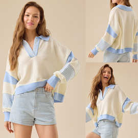 2025年欧美跨境时尚新款日常休闲通勤宽松条纹V领长袖针织毛衣