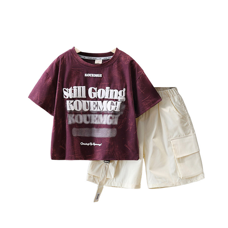 7244 Traje de verano para niños Ropa de manga corta para niños de estilo occidental 2025 Nuevo estilo de moda, guapo bebé, estilo fino, calle frita