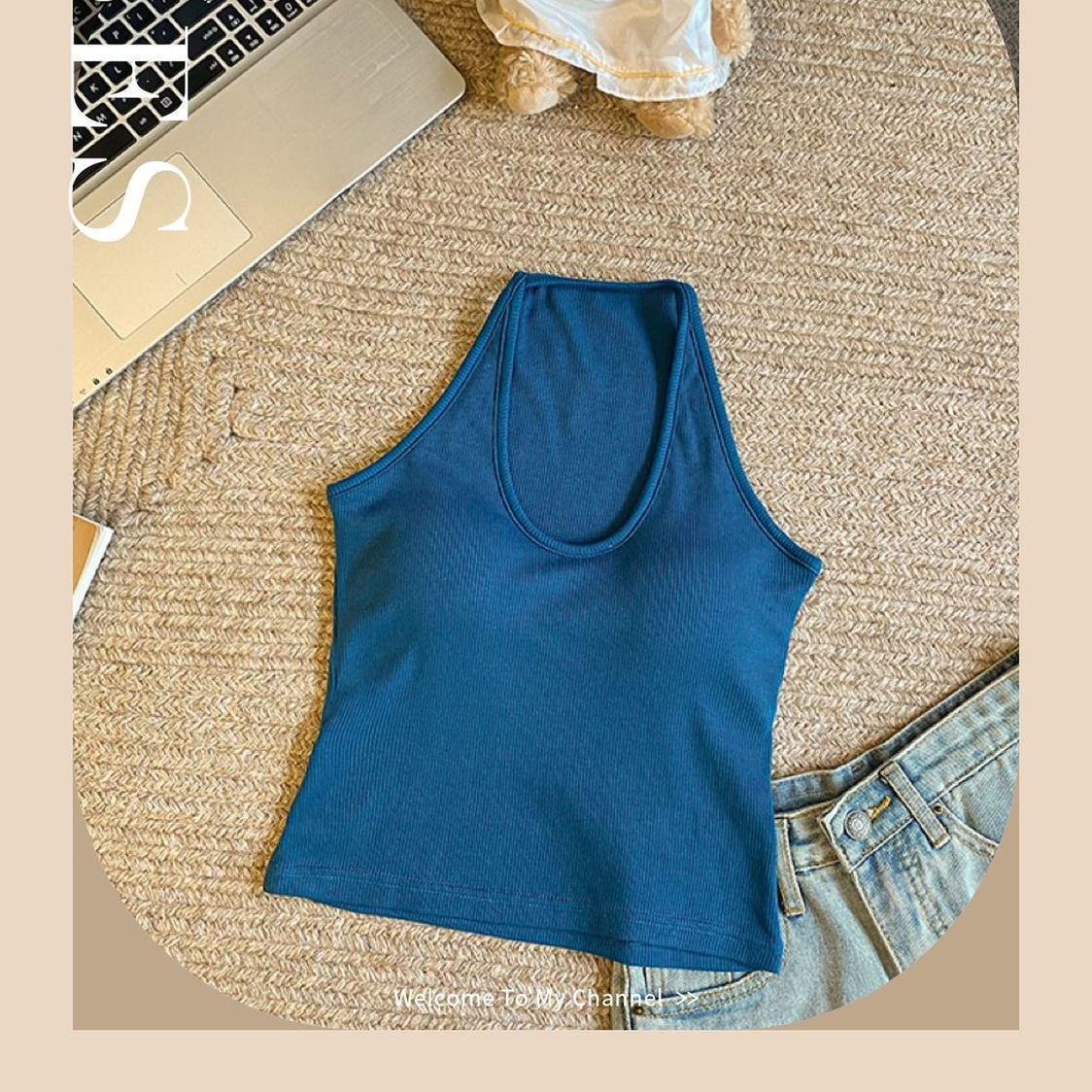 Verano nuevo colgante chaleco con cojín de pecho integrado delgado universal delgado cuello U hermosa camisa de espalda mujer