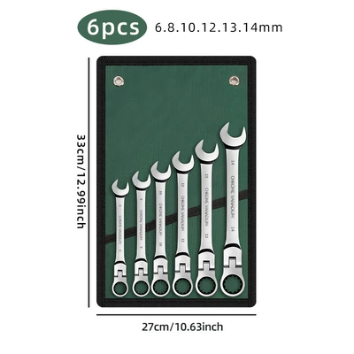 Ratchet wrench set with swivel head, 72-tooth quick dual-use open-end wrench, 6-15pcs cloth bag set, complete tool set (Mühərrik tənzimləmə alətləri) - 6pcs-green-cloth-bags