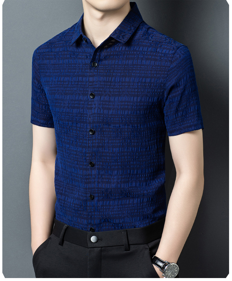Áo sơ mi ngắn tay nam lụa tơ tằm 100% Mulberry Silk họa tiết jacquard Corinthian — Xanh da trời2635 chi tiết 8