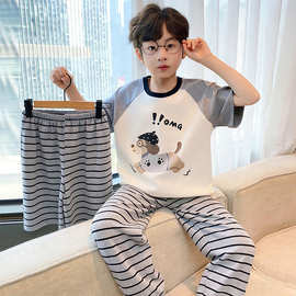 男童睡衣卡通腊肠狗三件套中大童儿童家居服夏季薄款条纹短袖套装