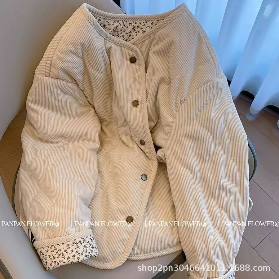 小众设计感灯芯绒拼接碎花菱格棉服外套女冬季新款宽松百搭棉衣