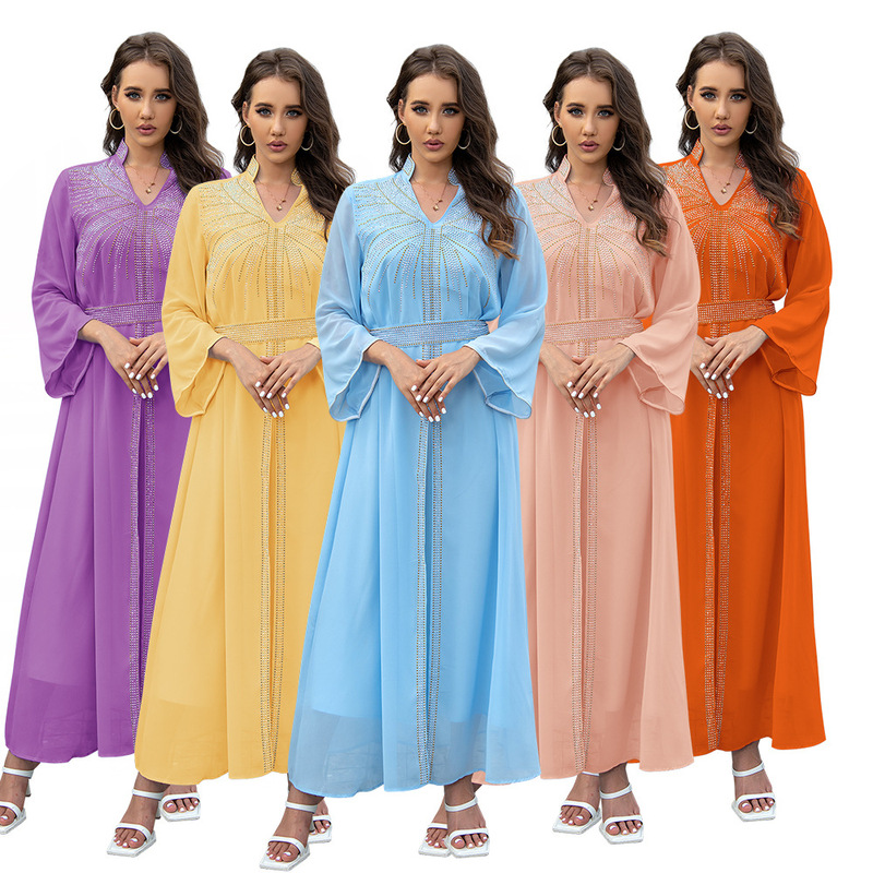 Xqy500090 Foreign Trade Robe Kaftan Fashion Rhinestone Embellished Chiffon Dress with Belt Xqy500090 Foreign Trade Robe Kaftan Fashion Rhinestone Embellished Chiffon Dress with Belt