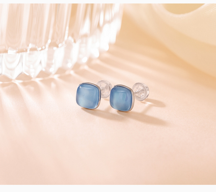 Khuyên tai nữ bạc S925 đính đá aquamarine hình vuông phong cách tối giản — Bạc chi tiết 3