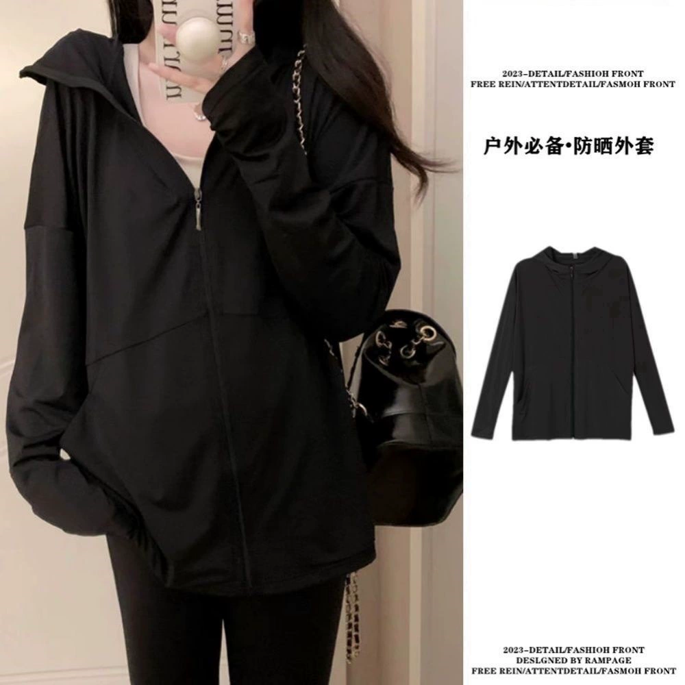 Silk sun protection clothing with hood, summer black breathable jacket, oversize