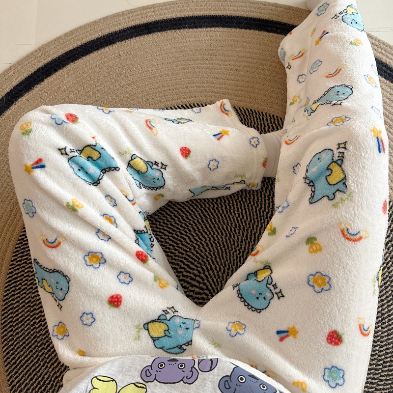 Pijamas de lana de coral otoño y invierno engrosados de goma de brida impresa suelta de dibujos animados calentamiento casual pantalones caseros de mujer