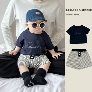 韩版婴儿衣服夏装男童短裤套装薄款男宝宝圆领短袖T恤两件套夏天