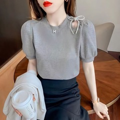女性のための半袖 T シャツ夏スタイルスリムオフショルダーパフスリーブデザイン純粋な欲望スタイルシックなホットガールトップ i
