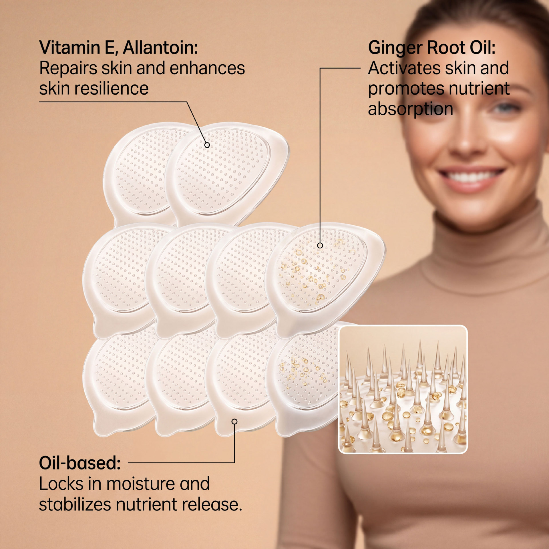 Micro-point breast patches with vitamin E, allantoin and ginger root oil