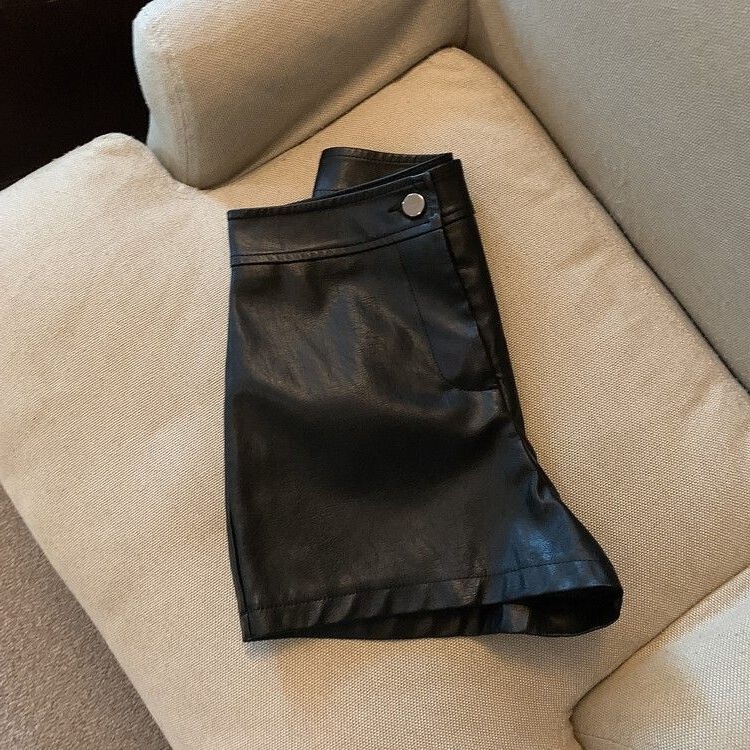 Pu Leather Straight-Leg Casual Pants for Women, Autumn and Winter New Style, Trendy Loose Biker Shorts, High-Waisted Petite Pants