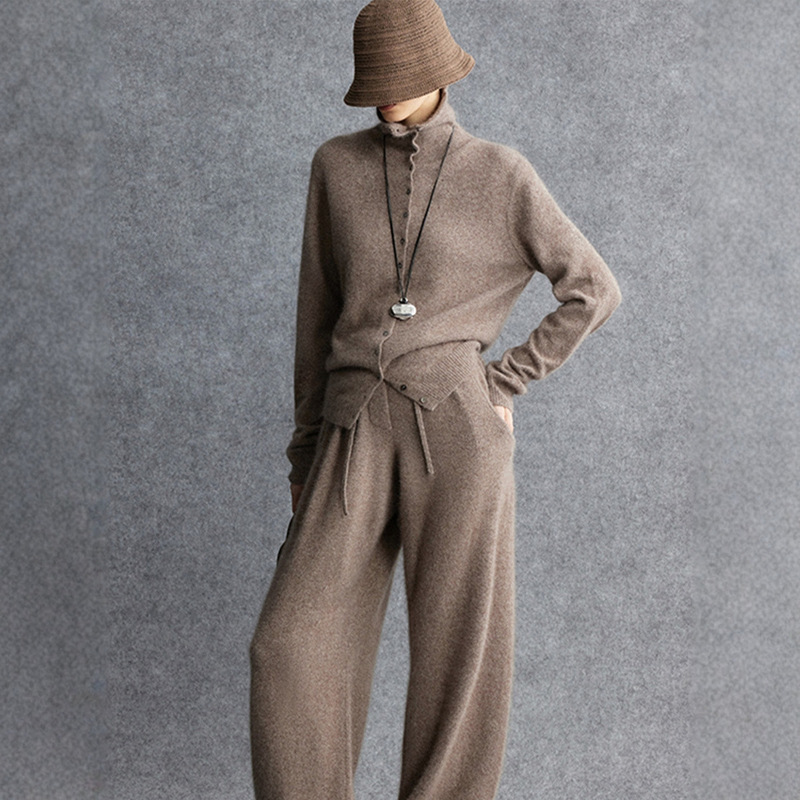 Fluffy Cloud-Like Autumn and Winter New Style Old Money Style Relaxed Rolled-Edge Sweater Cardigan Drawstring Balloon Pants Set for Women