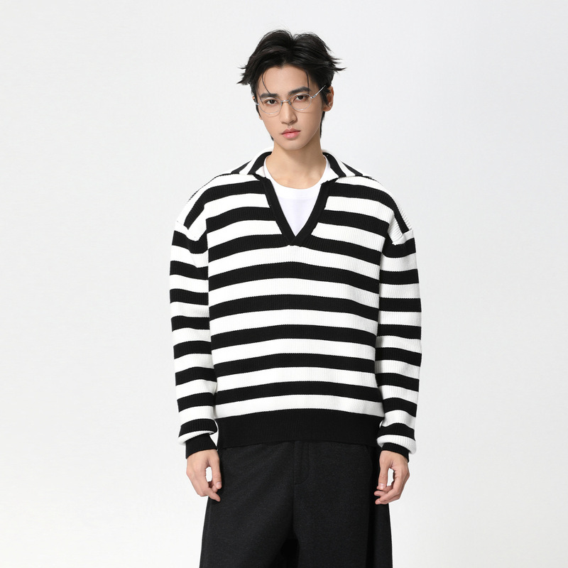 Mtlclothes Men's Clothing | Contrast Stripesd Nautica Style Retro Relaxed V Neck Loose Knitted Pullover Sweater Trendy